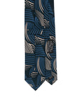 Wave Pattern Dark Navy Blue Beige Printed Silk Tie