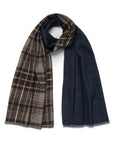 Cappuccino Brown Check Pattern & Indigo Blue Solid Double Face Wool Scarf