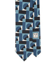 100th Anniversary Geometric Block Pattern Blue, Sky Blue & Ivory Printed Silk Tie