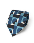 100th Anniversary Geometric Block Pattern Blue, Sky Blue & Ivory Printed Silk Tie