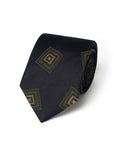 Olive Square Medallion Pattern Dark Navy Woven Silk Tie