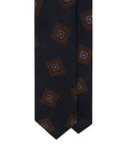 Brown Square Medallion Pattern Dark Navy Woven Silk Tie