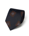 Brown Square Medallion Pattern Dark Navy Woven Silk Tie