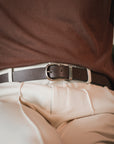 Espresso Brown Grained Calf Leather Horseshoe Buckle Adjustable Belt