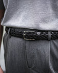 Jet Black Braided Calf Leather Square Buckle Belt