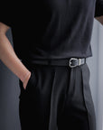 Jet Black Grained Calf Leather Horseshoe Buckle Adjustable Belt