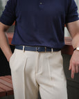 Dark Navy Grained Calf Leather Horseshoe Buckle Adjustable Belt