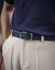 Dark Navy Grained Calf Leather Horseshoe Buckle Adjustable Belt