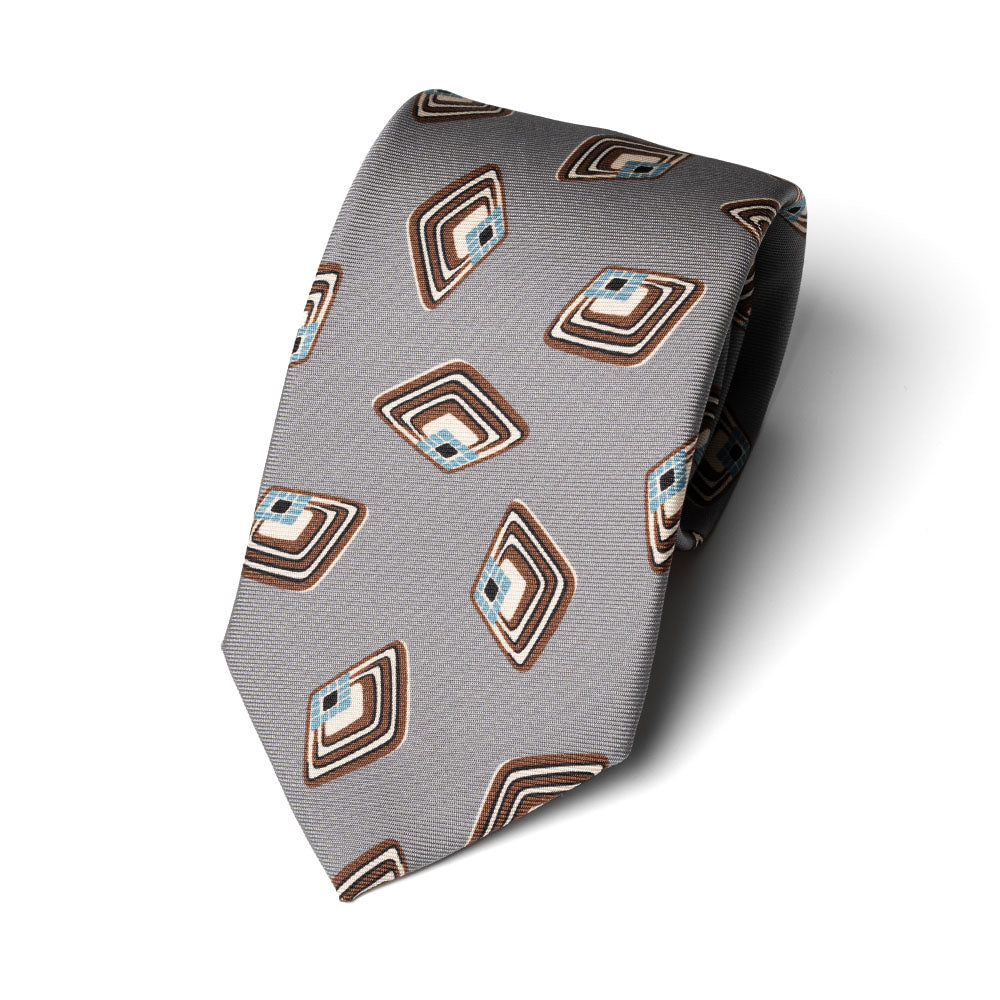 Diamond Medallion Pastel Grey Printed Silk Tie