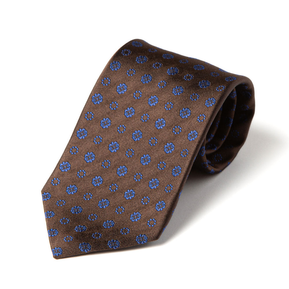 Canepa Navy Flower & Circle Pattern Brown Woven silk Tie