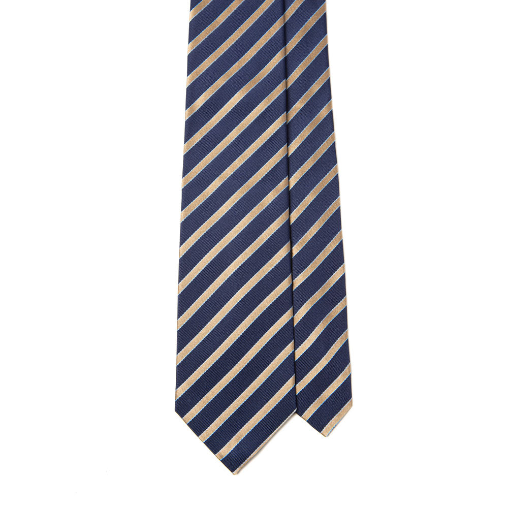 Canepa Gold Satin Stripe Dark Navy Woven Twill Silk Tie