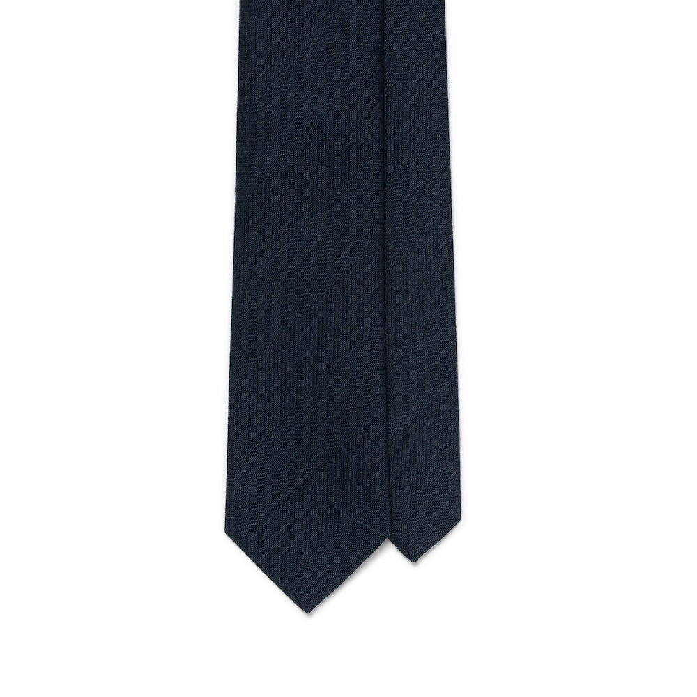 Dark Navy Herringbone Solid Woven Wool Cotton Tie