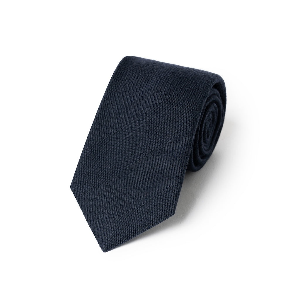 Dark Navy Herringbone Solid Woven Wool Cotton Tie