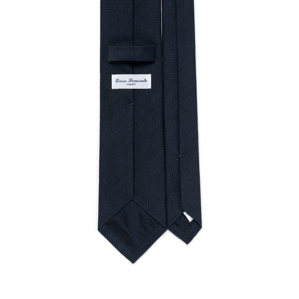 Dark Navy Herringbone Solid Woven Wool Cotton Tie