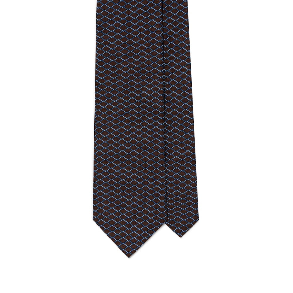 Lattice Pattern Chocolate Brown Blue Printed Silk Tie
