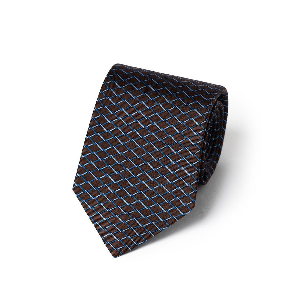 Lattice Pattern Chocolate Brown Blue Printed Silk Tie