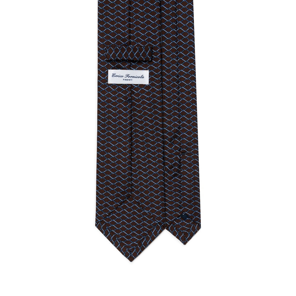 Lattice Pattern Chocolate Brown Blue Printed Silk Tie