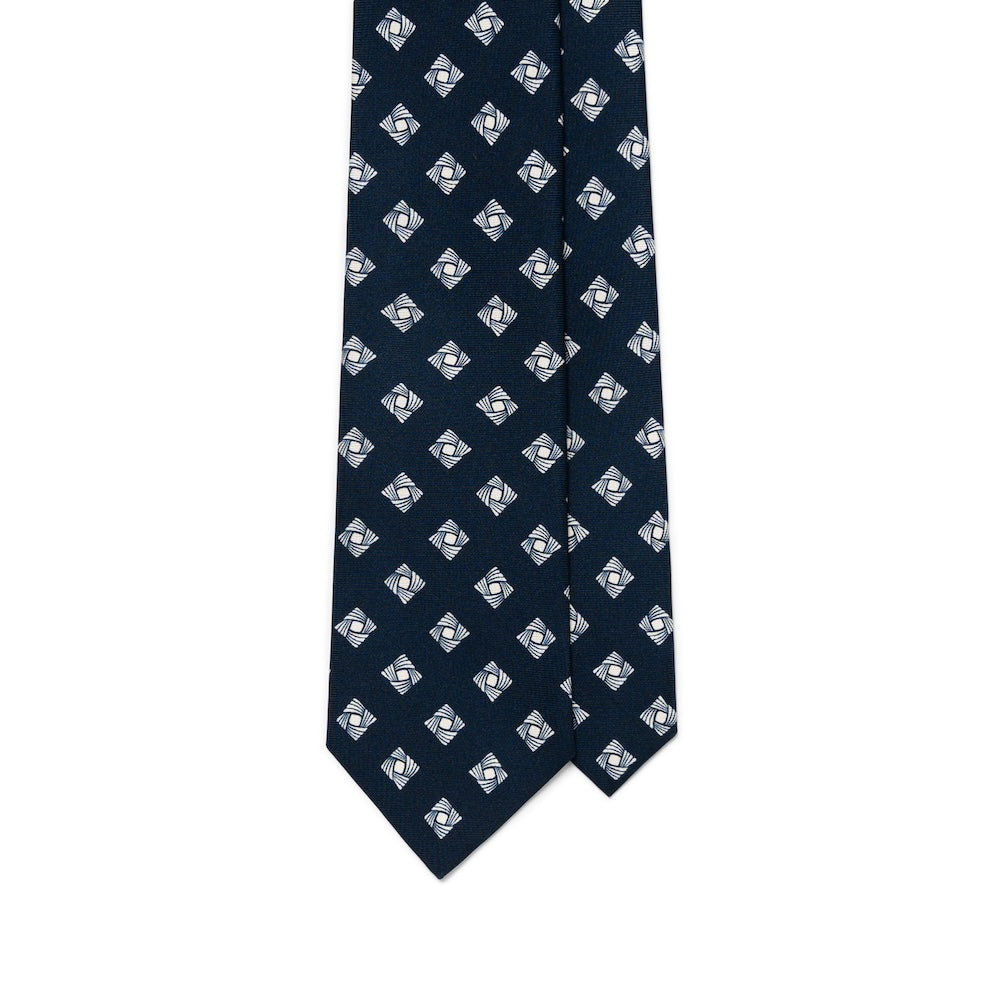 White Square Twist Pattern Classic Navy Printed Silk Tie