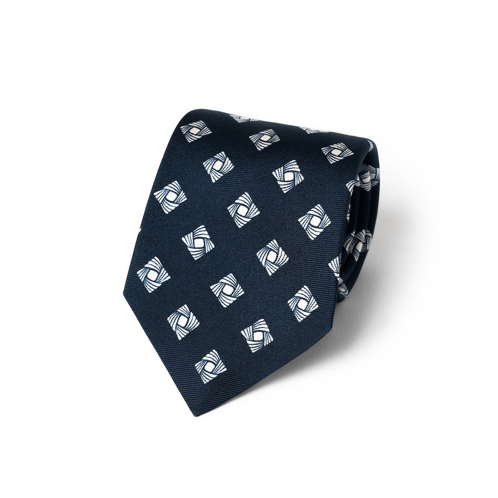 White Square Twist Pattern Classic Navy Printed Silk Tie