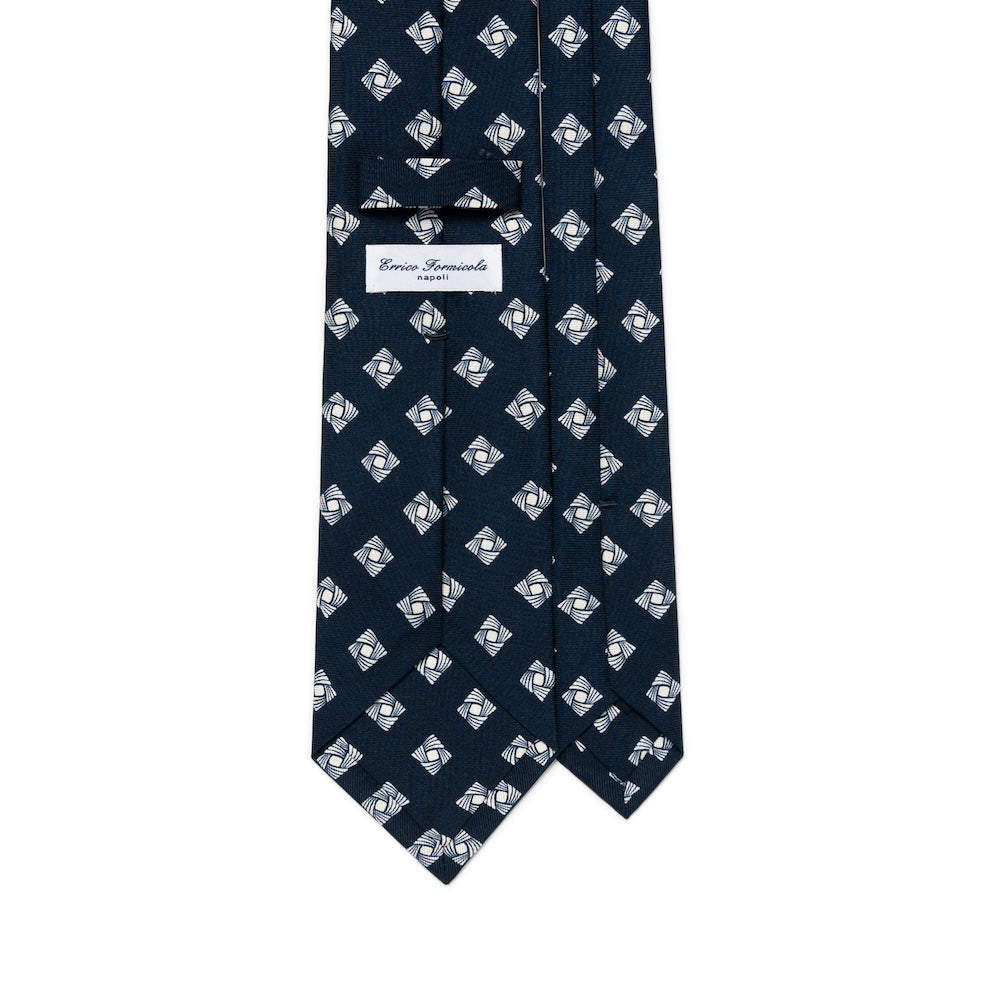 White Square Twist Pattern Classic Navy Printed Silk Tie