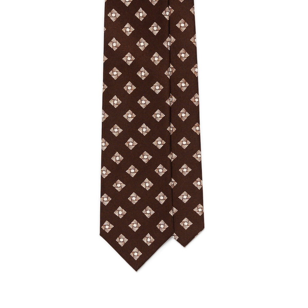White Square Twist Pattern Chocolate Brown Printed Silk Tie