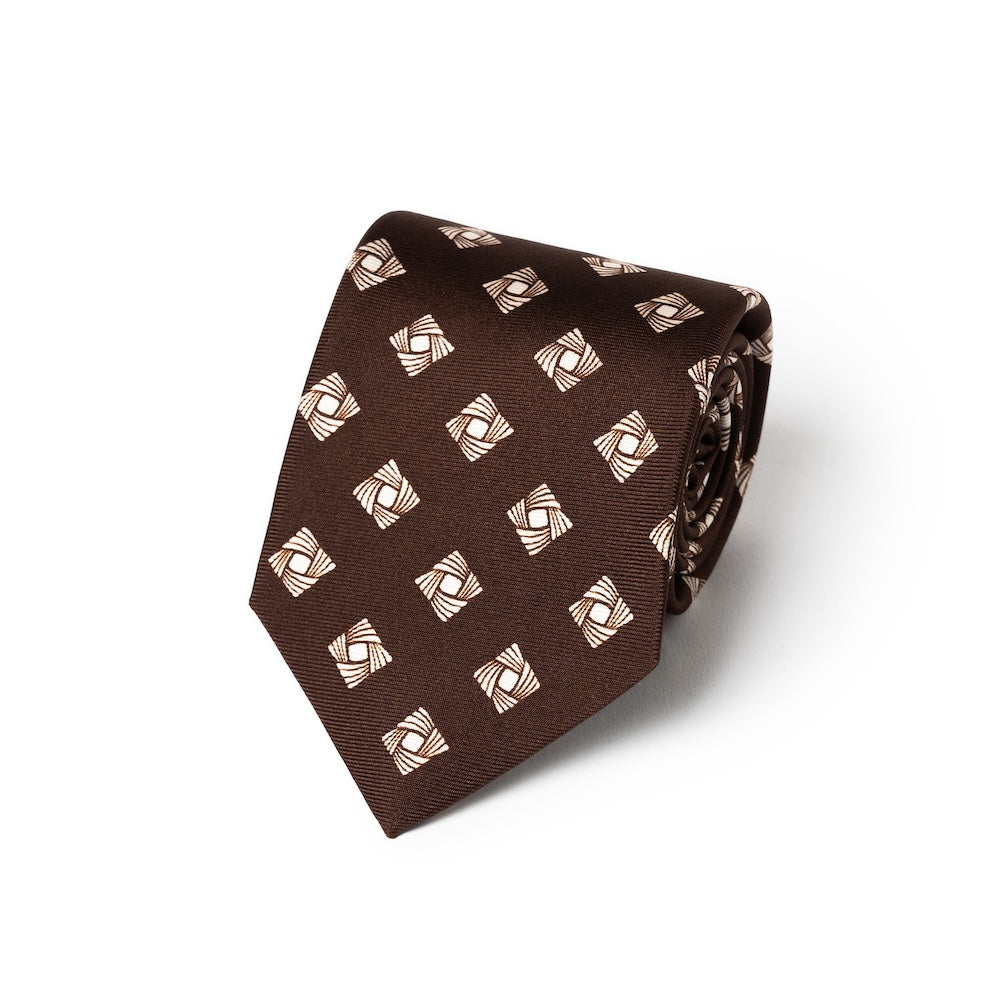 White Square Twist Pattern Chocolate Brown Printed Silk Tie