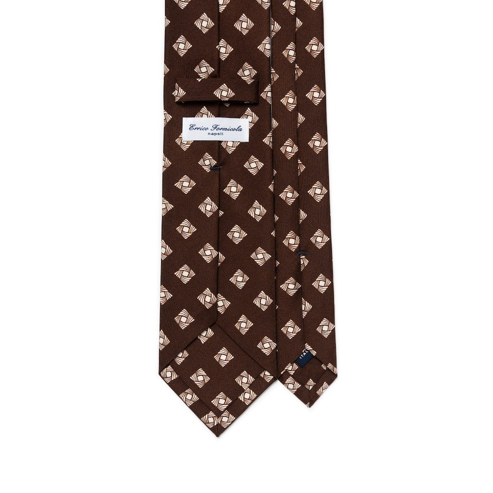 White Square Twist Pattern Chocolate Brown Printed Silk Tie