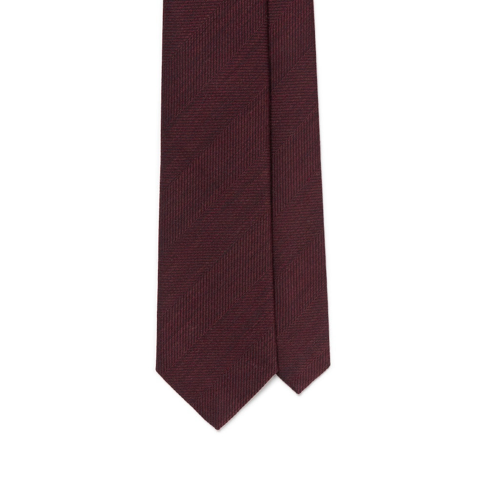 Espresso Deep Burgundy Herringbone Solid Woven Wool Cotton Tie