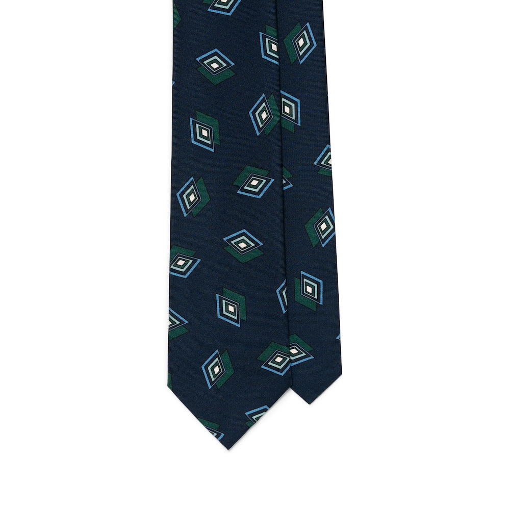 Art Deco Diamond Pattern Navy Green Woven Silk Tie