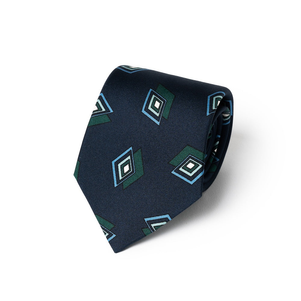 Art Deco Diamond Pattern Navy Green Woven Silk Tie