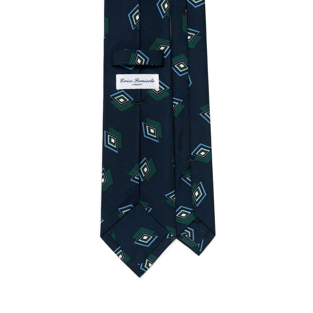 Art Deco Diamond Pattern Navy Green Woven Silk Tie