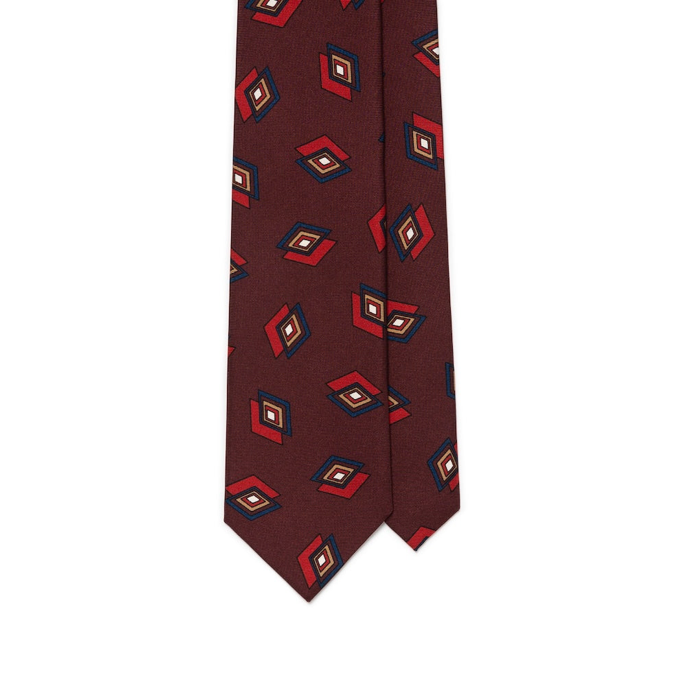 Art Deco Diamond Pattern Burgundy Navy Woven Silk Tie