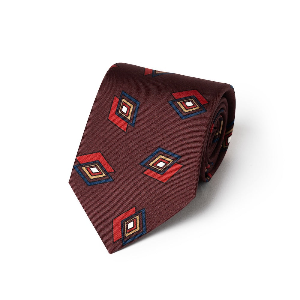 Art Deco Diamond Pattern Burgundy Navy Woven Silk Tie