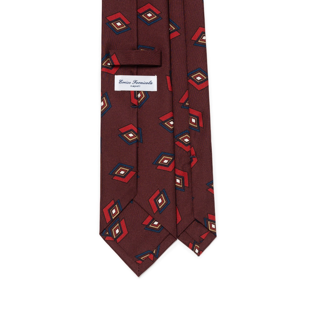 Art Deco Diamond Pattern Burgundy Navy Woven Silk Tie
