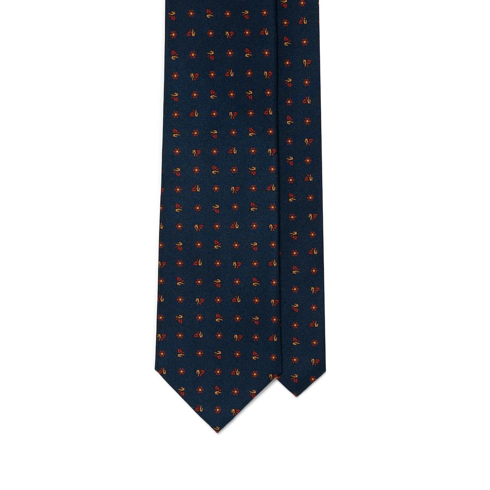 Mini Flower & Leaf Pattern Dark Navy Red Woven Silk Tie