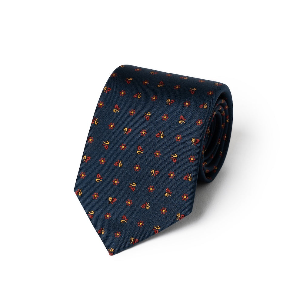 Mini Flower & Leaf Pattern Dark Navy Red Woven Silk Tie
