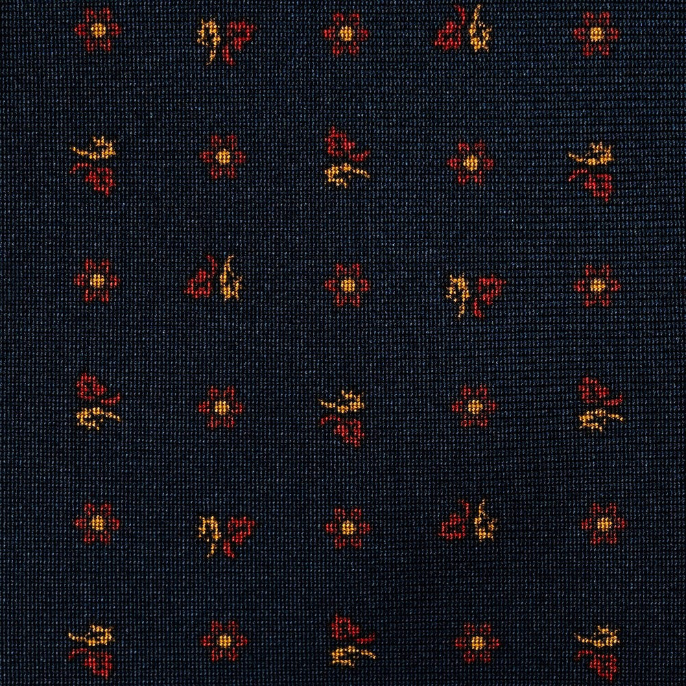 Mini Flower & Leaf Pattern Dark Navy Red Woven Silk Tie