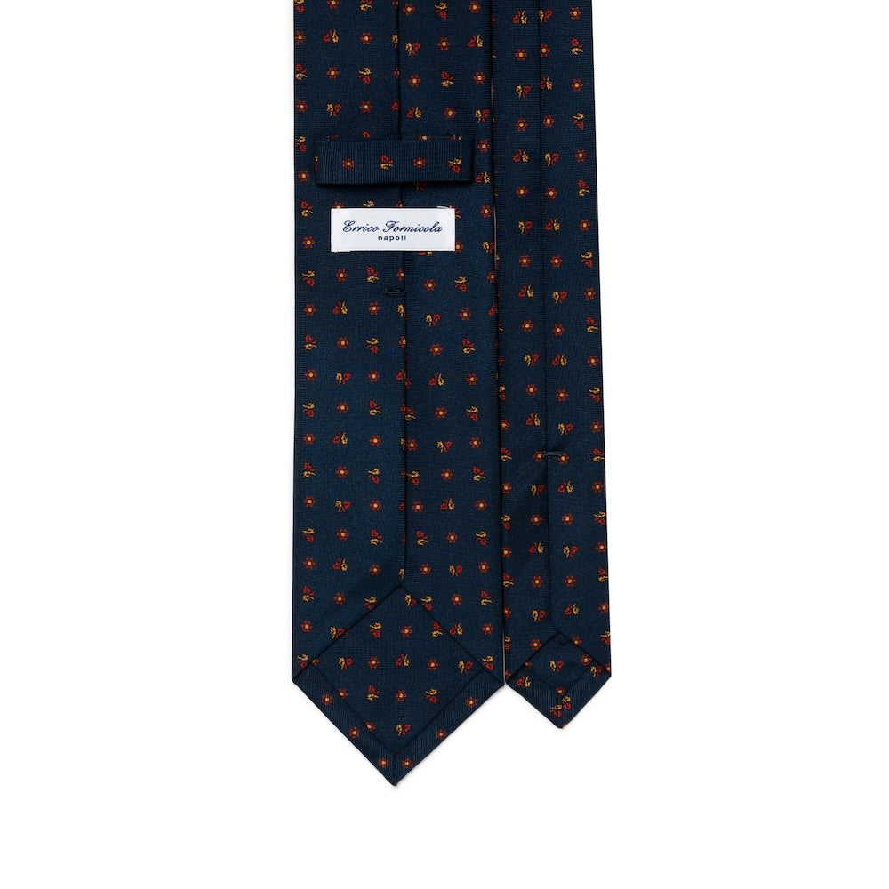 Mini Flower & Leaf Pattern Dark Navy Red Woven Silk Tie