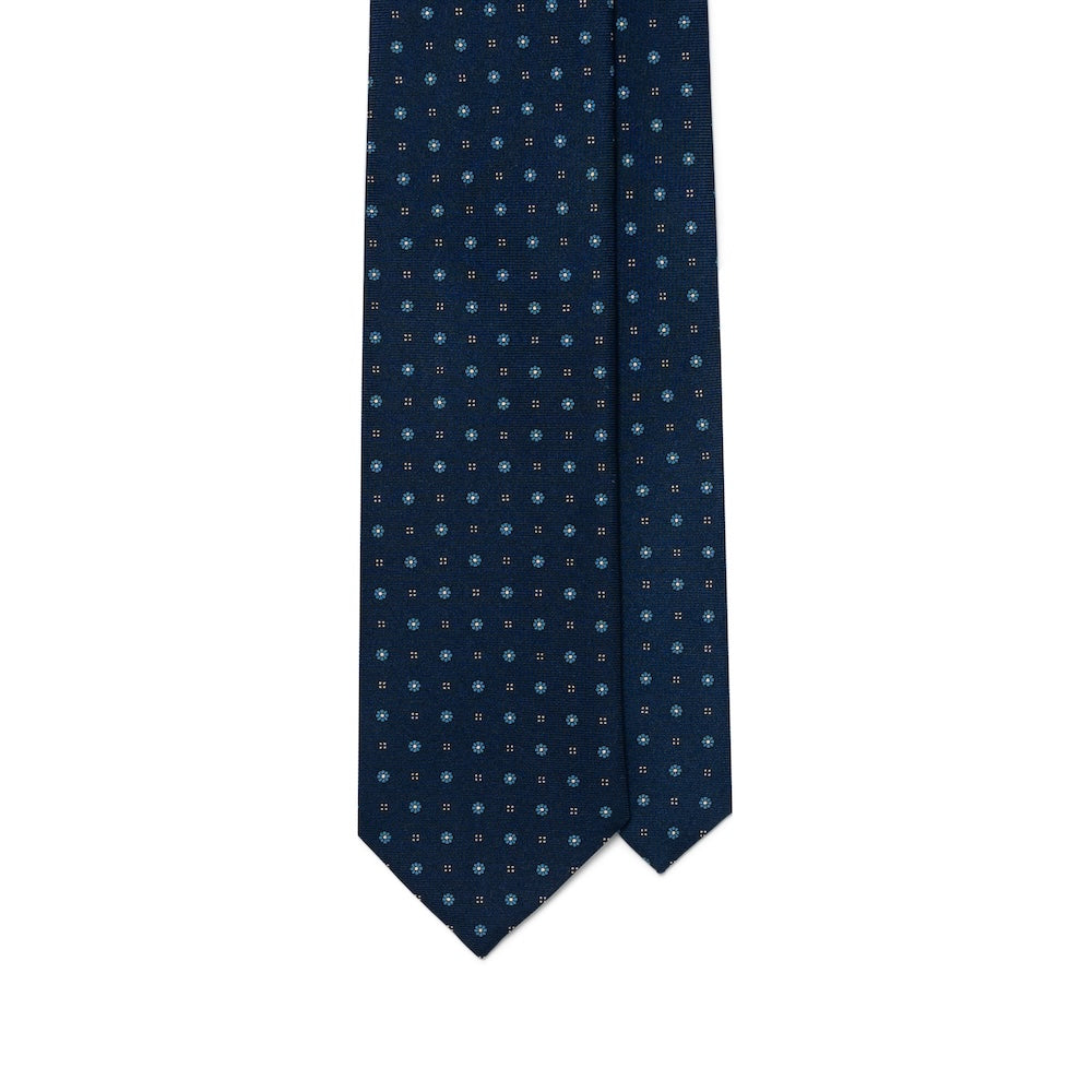Mini Flower & Dot Pattern Dark Navy Blue Woven Silk Tie