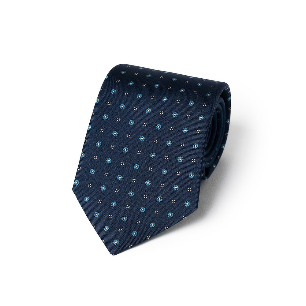 Mini Flower & Dot Pattern Dark Navy Blue Woven Silk Tie