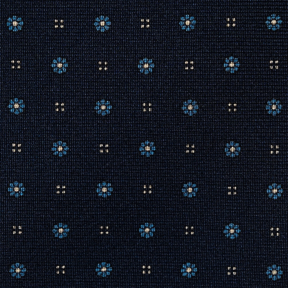 Mini Flower & Dot Pattern Dark Navy Blue Woven Silk Tie