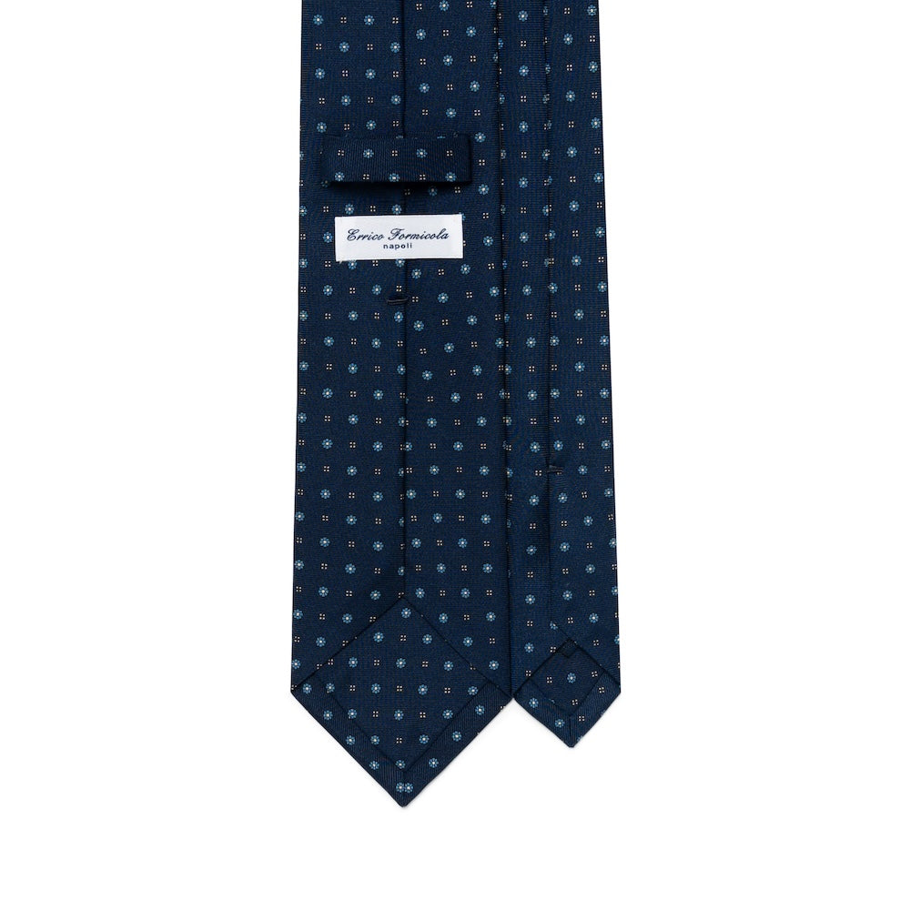 Mini Flower & Dot Pattern Dark Navy Blue Woven Silk Tie