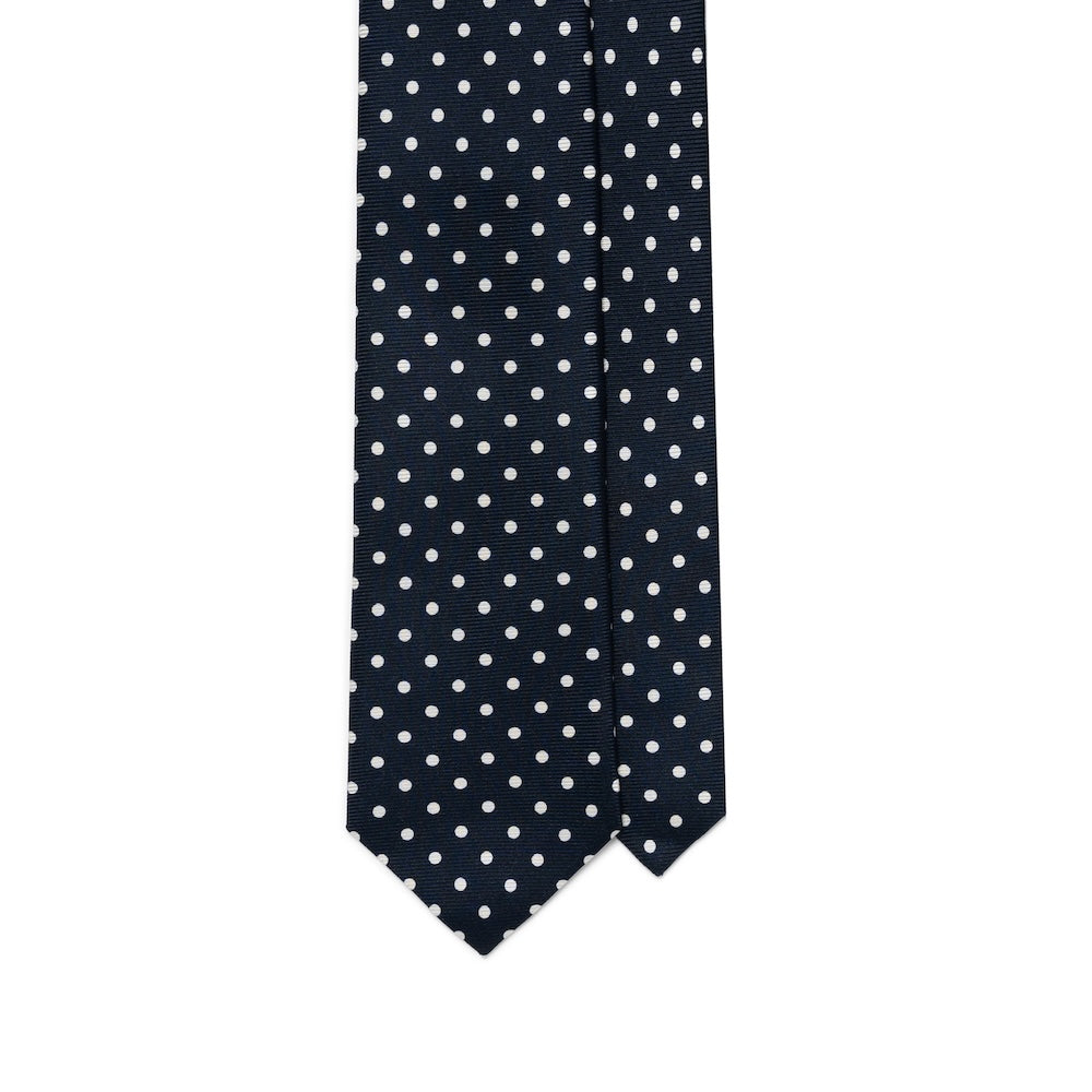 White Polka Dot Pattern Dark Navy Printed Twill Silk Tie
