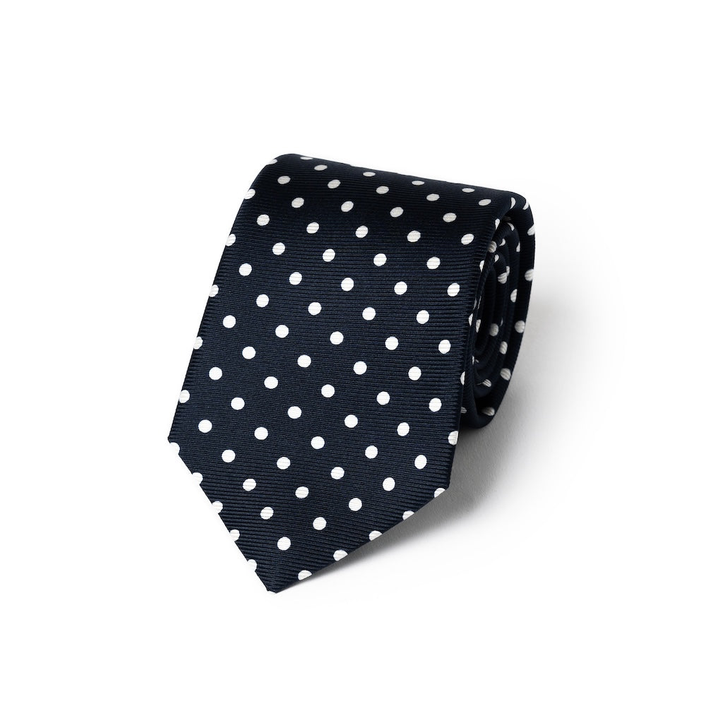 White Polka Dot Pattern Dark Navy Printed Twill Silk Tie