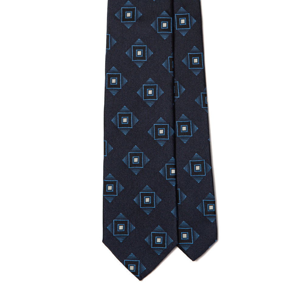 Blue Medallion Pattern Dark Navy Woven Silk Tie