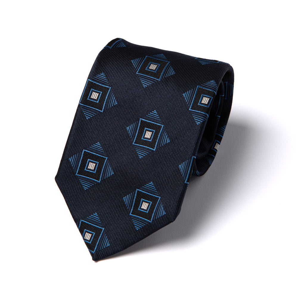 Blue Medallion Pattern Dark Navy Woven Silk Tie