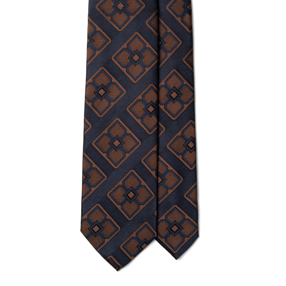 Brown Big Clover Pattern Dark Navy Woven Silk Tie