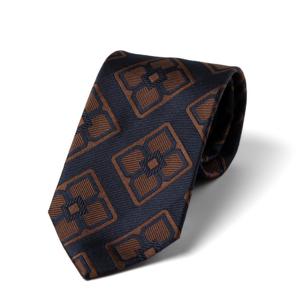 Brown Big Clover Pattern Dark Navy Woven Silk Tie