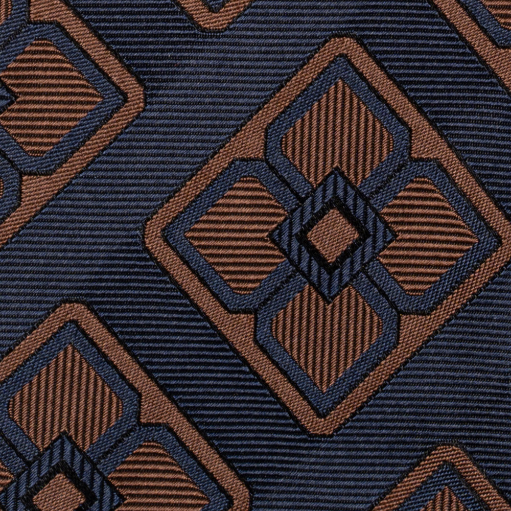 Brown Big Clover Pattern Dark Navy Woven Silk Tie