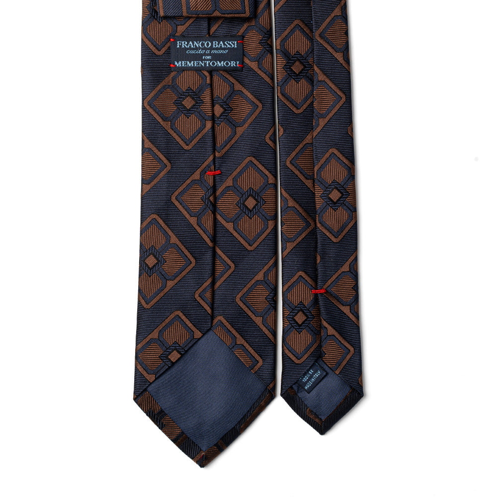 Brown Big Clover Pattern Dark Navy Woven Silk Tie